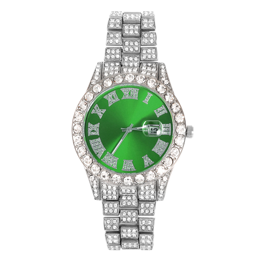 Iced-Out Roman Numeral Watch with Multi-Color Dial
