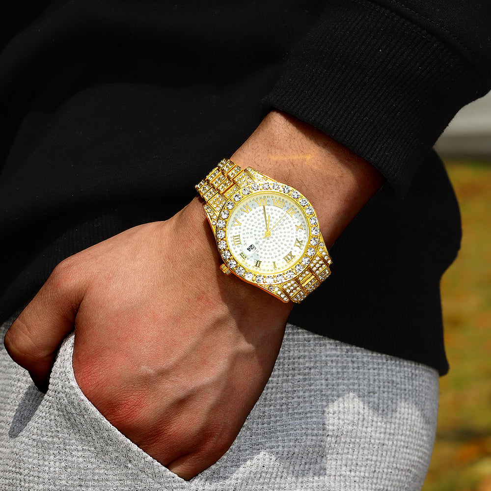 Iced-Out Roman Numeral Watch with Rhinestone Dial
