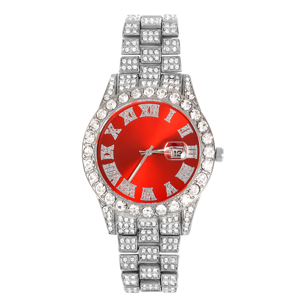 Iced-Out Roman Numeral Watch with Multi-Color Dial
