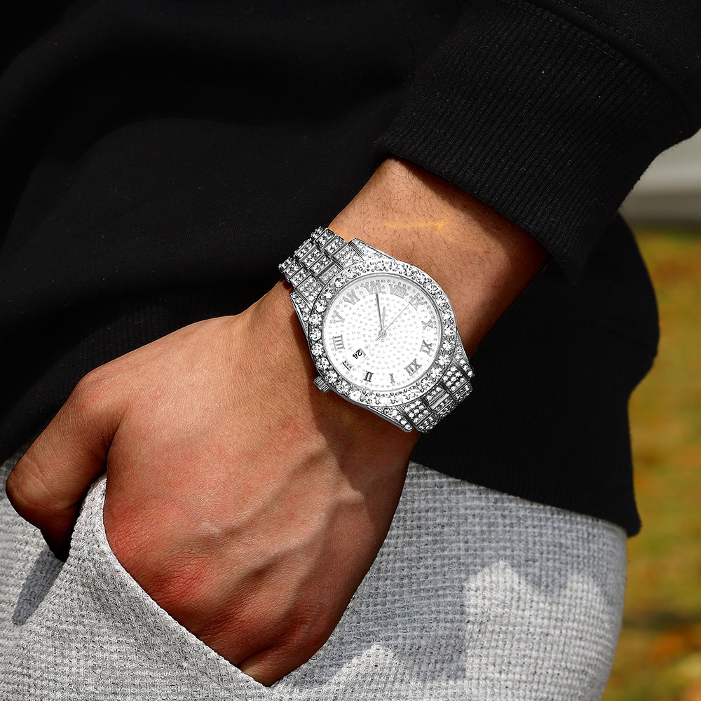 Iced-Out Roman Numeral Watch with Rhinestone Dial