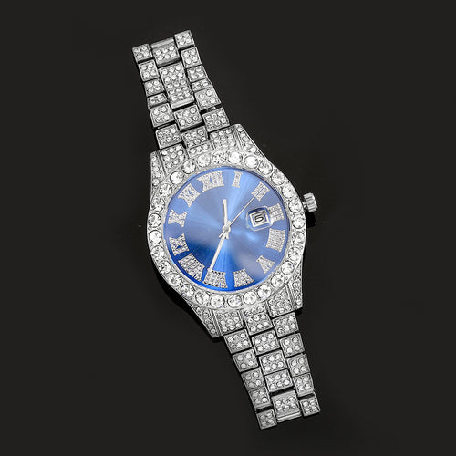 Iced-Out Roman Numeral Watch with Multi-Color Dial