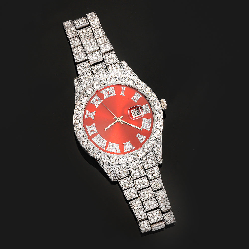 Iced-Out Roman Numeral Watch with Multi-Color Dial