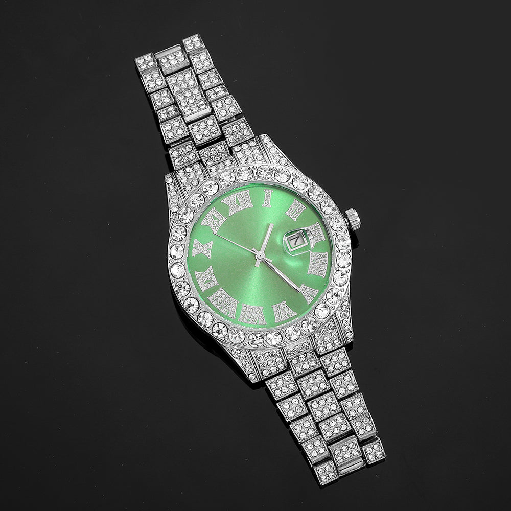 Iced-Out Roman Numeral Watch with Multi-Color Dial