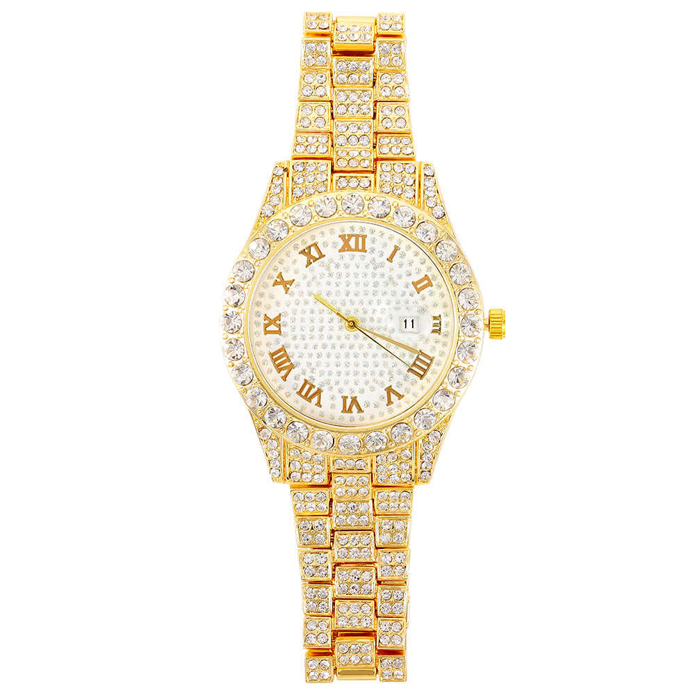 Iced-Out Roman Numeral Watch with Rhinestone Dial