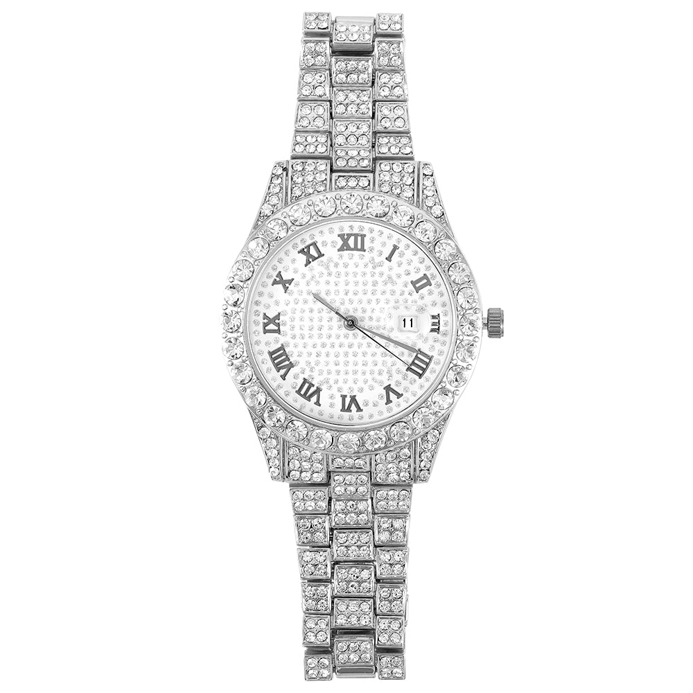 Iced-Out Roman Numeral Watch with Rhinestone Dial