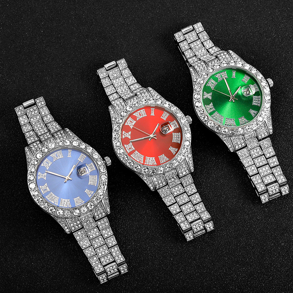 Iced-Out Roman Numeral Watch with Multi-Color Dial