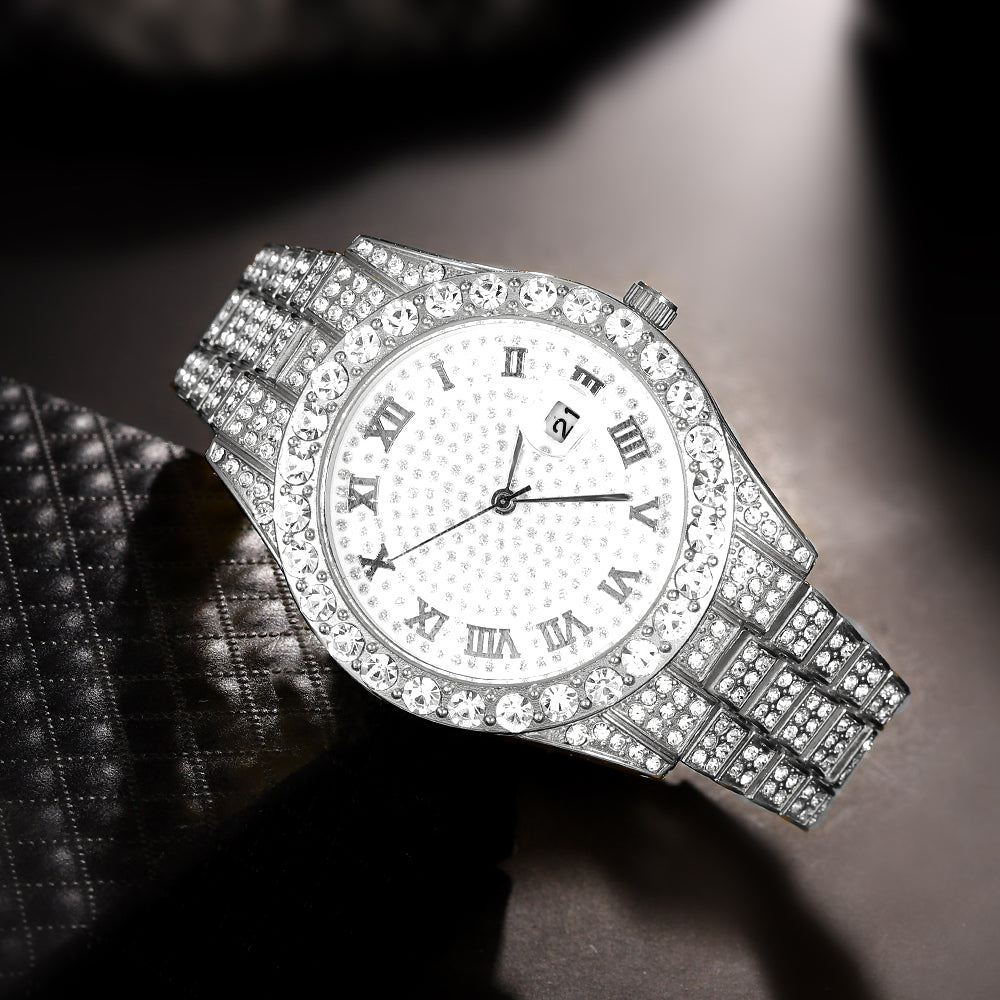 Iced-Out Roman Numeral Watch with Rhinestone Dial