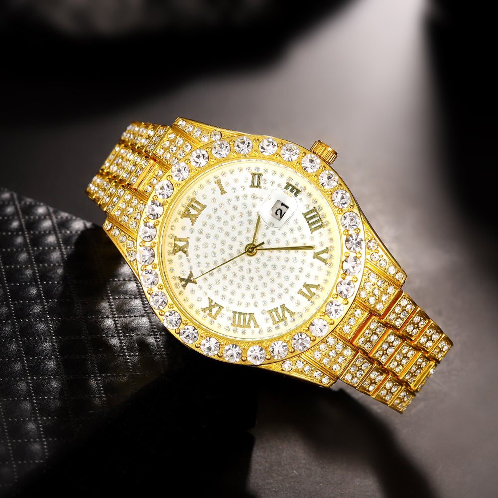 Iced-Out Roman Numeral Watch with Rhinestone Dial