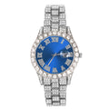 Iced-Out Roman Numeral Watch with Multi-Color Dial