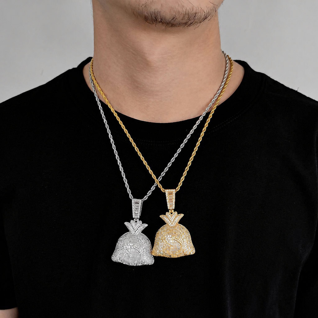 Iced-Out Money Bag CZ Pendant Necklace with 24" Rope Chain
