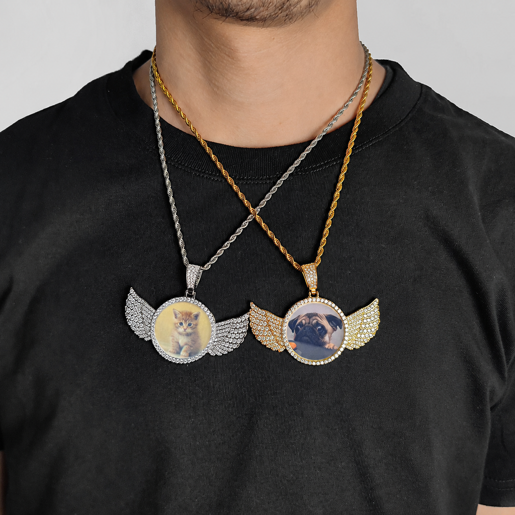 Custom Photo Angel Wing CZ Pendant Necklace with 24" Rope Chain