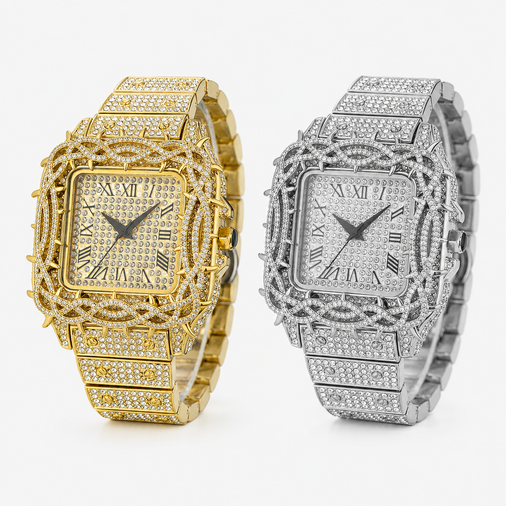 Iced Out Square Rhinestone Watch with Roman numeral Dial