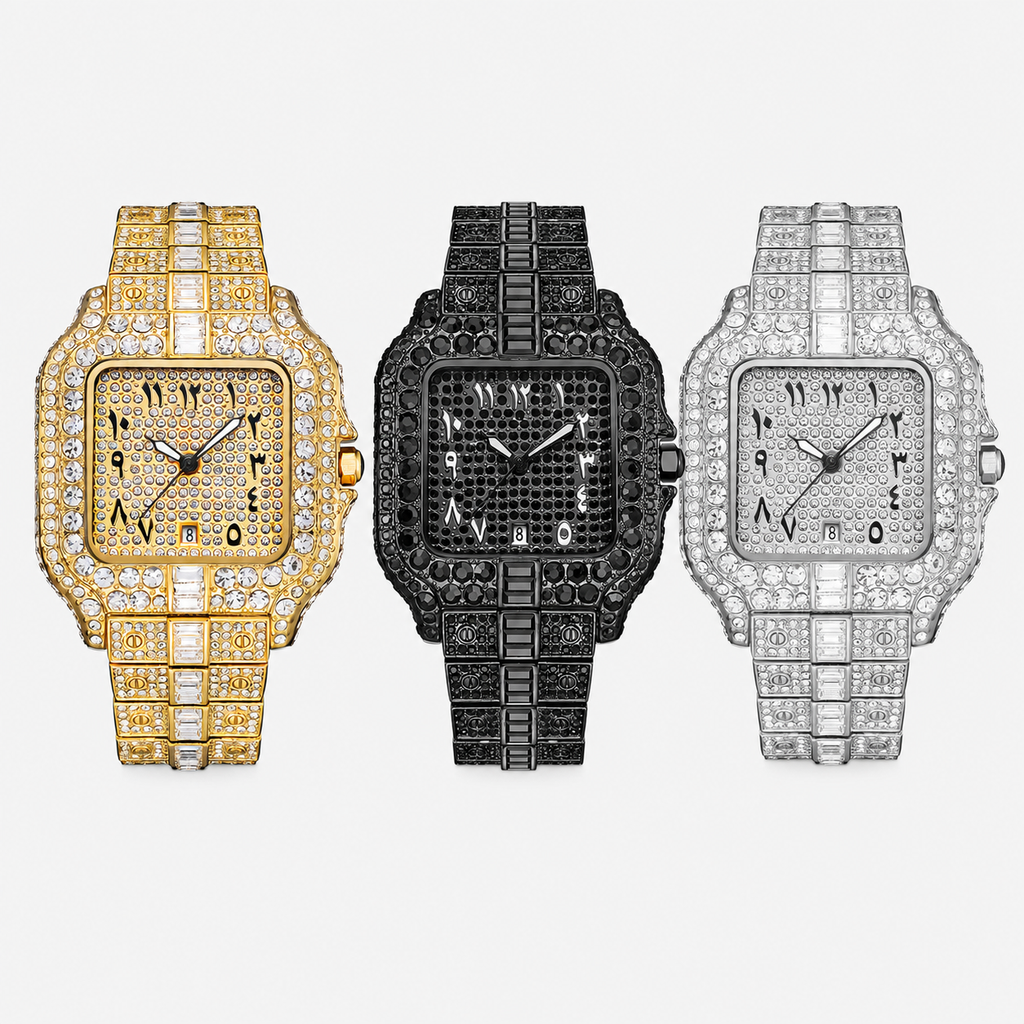Iced Out Square Rhinestone Watch with Arabic Numeral Dial