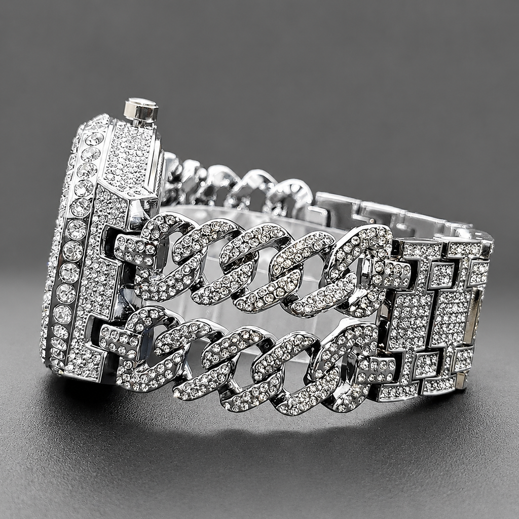 Iced out Round Rhinestone Watch With Chunky Link Bracelet