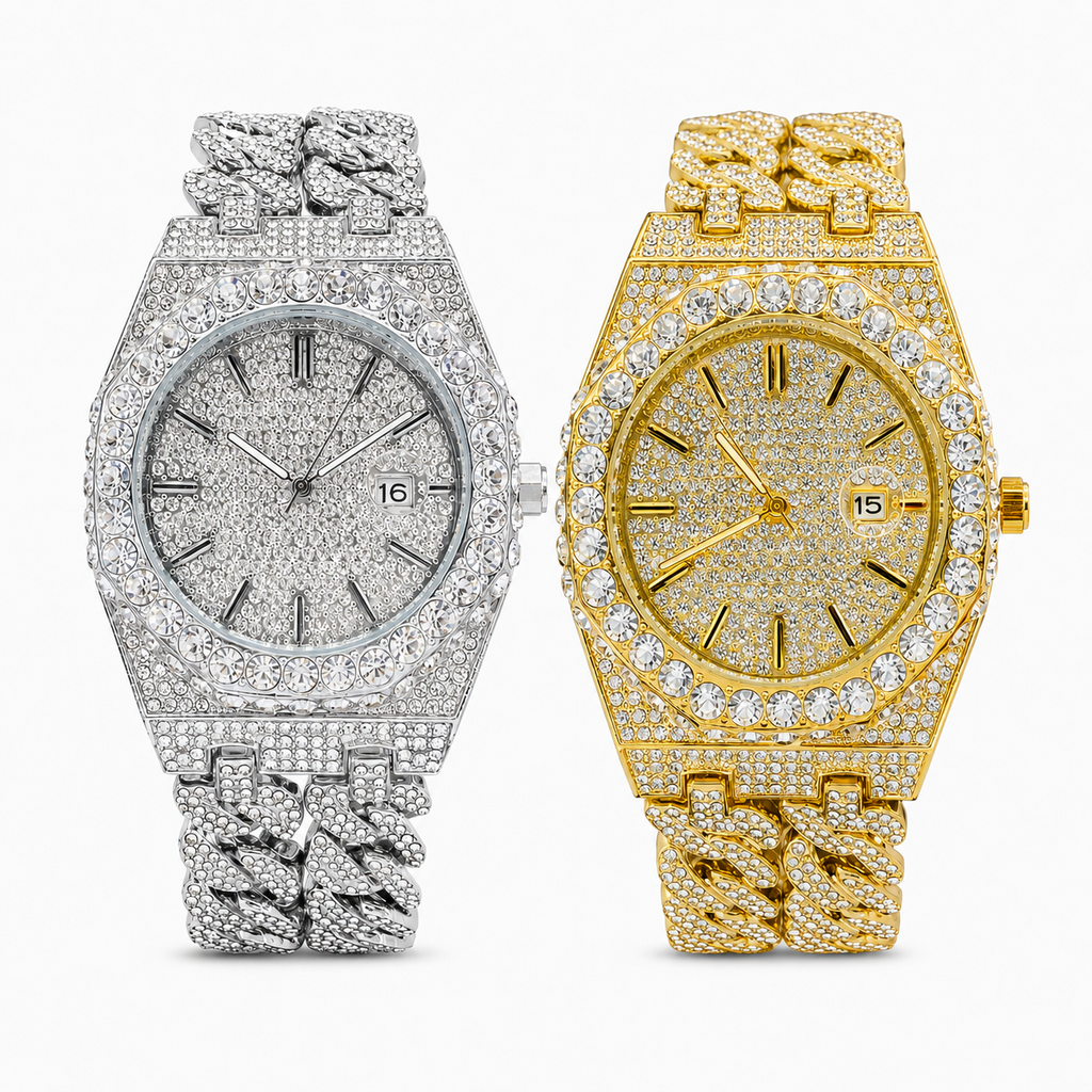 Iced out Round Rhinestone Watch With Chunky Link Bracelet