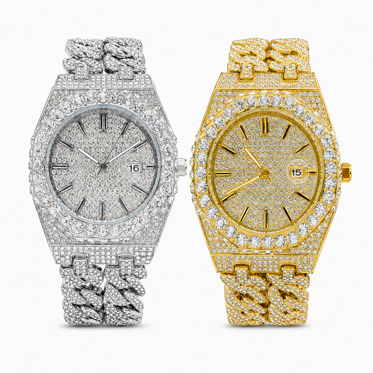 Iced out Round Rhinestone Watch With Chunky Link Bracelet