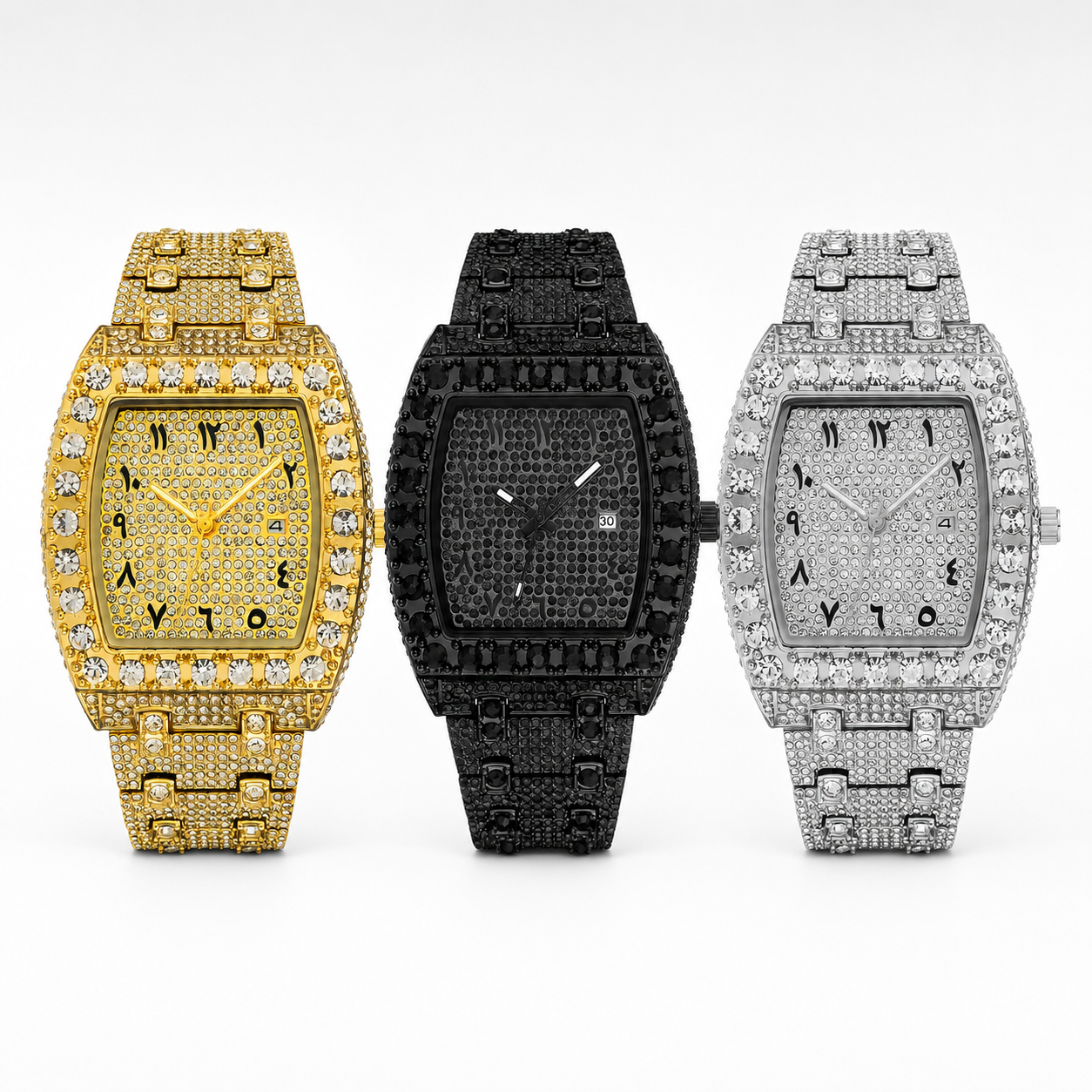Iced Square Rhinestone Watch with Date Display
