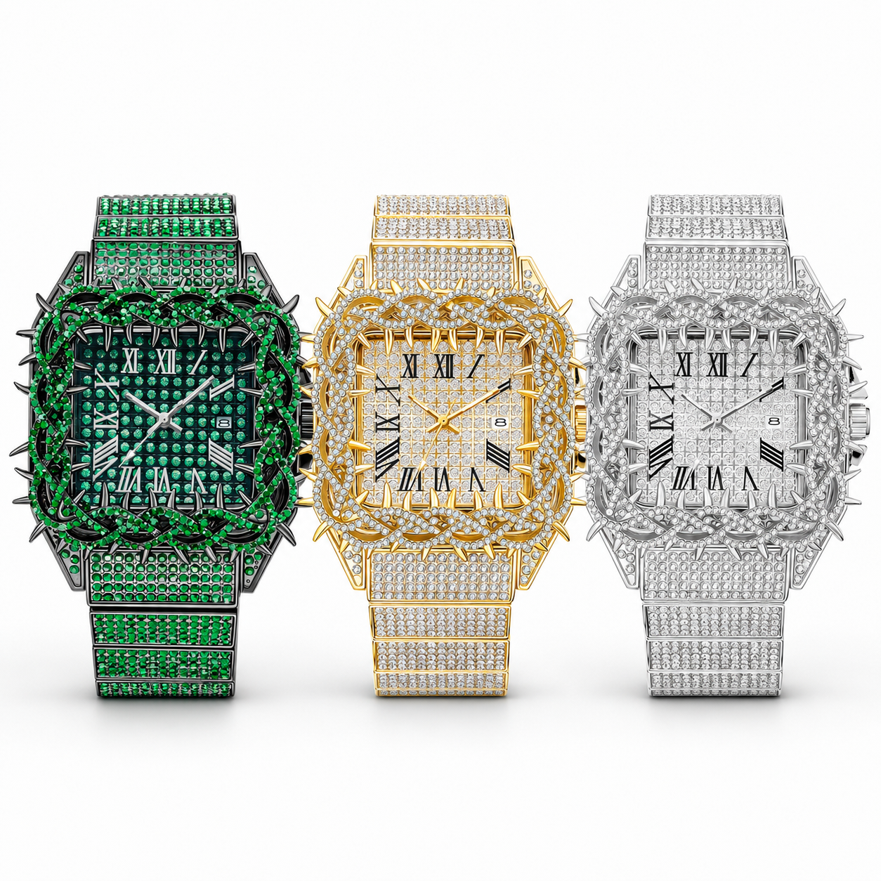 Iced Thorn Bezel Rhinestone Watch with Roman Numeral Dial