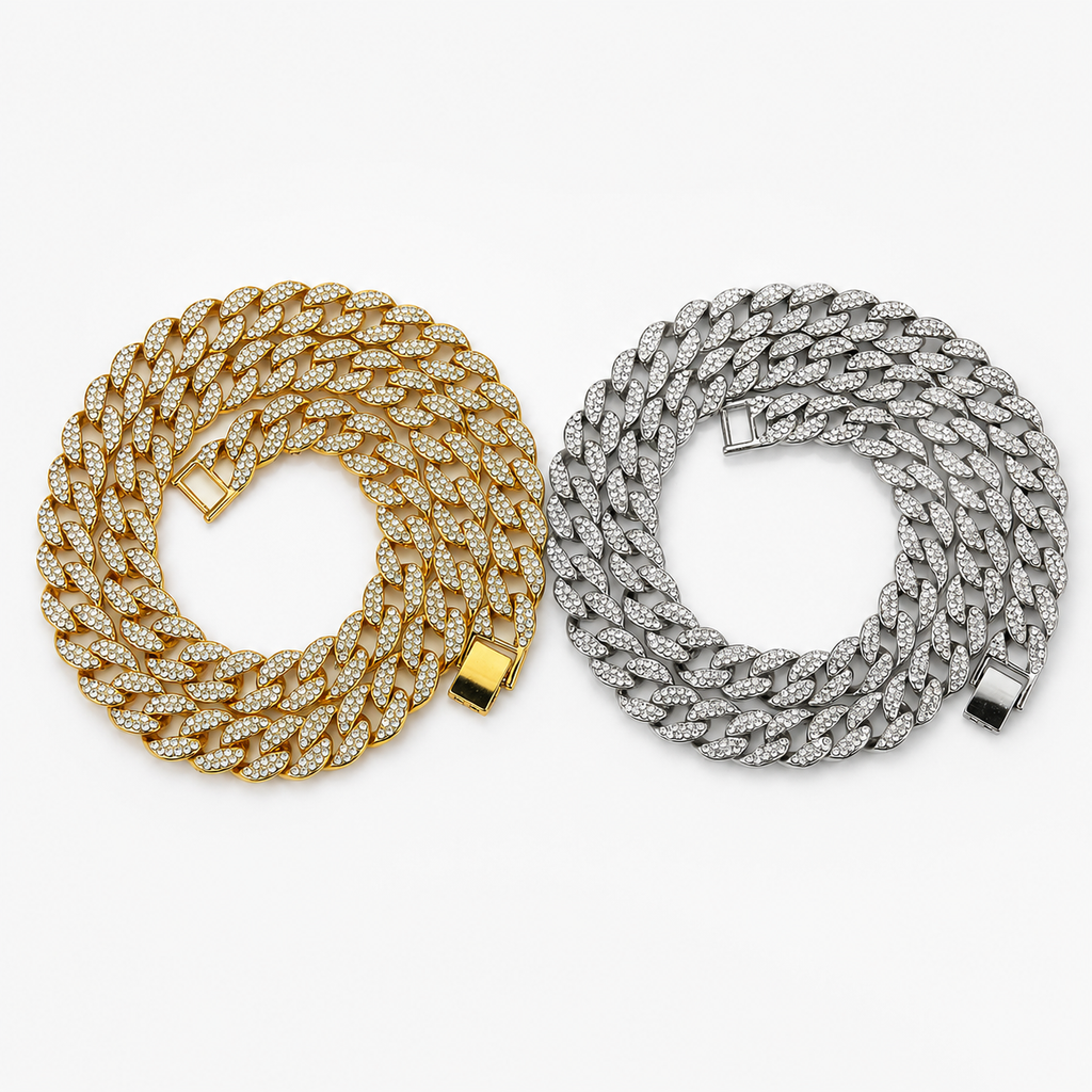 15mm/20inch Rhinestone Cuban Link Chain Necklace