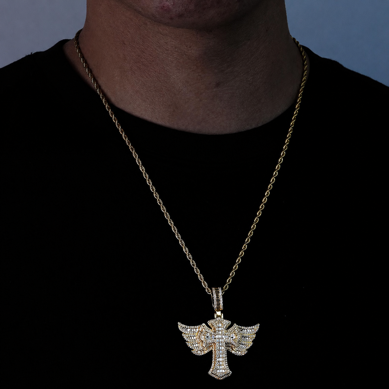S925 Moissanite Winged Cross Pendant Necklace with 24" Rope Chain