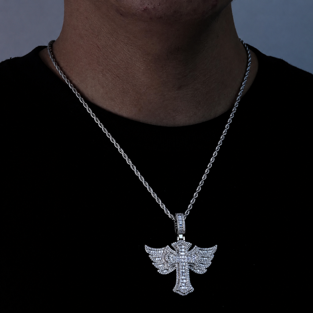 S925 Moissanite Winged Cross Pendant Necklace with 24" Rope Chain