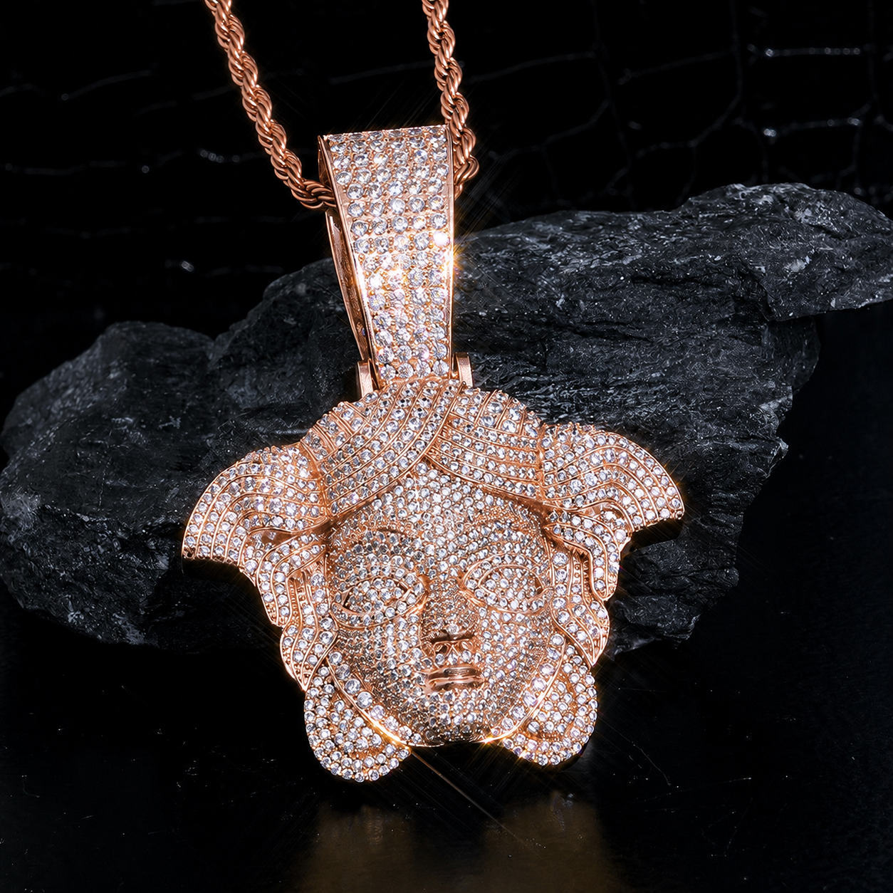 Iced-Out Greek Head CZ Pendant Necklace with 24" Rope Chain