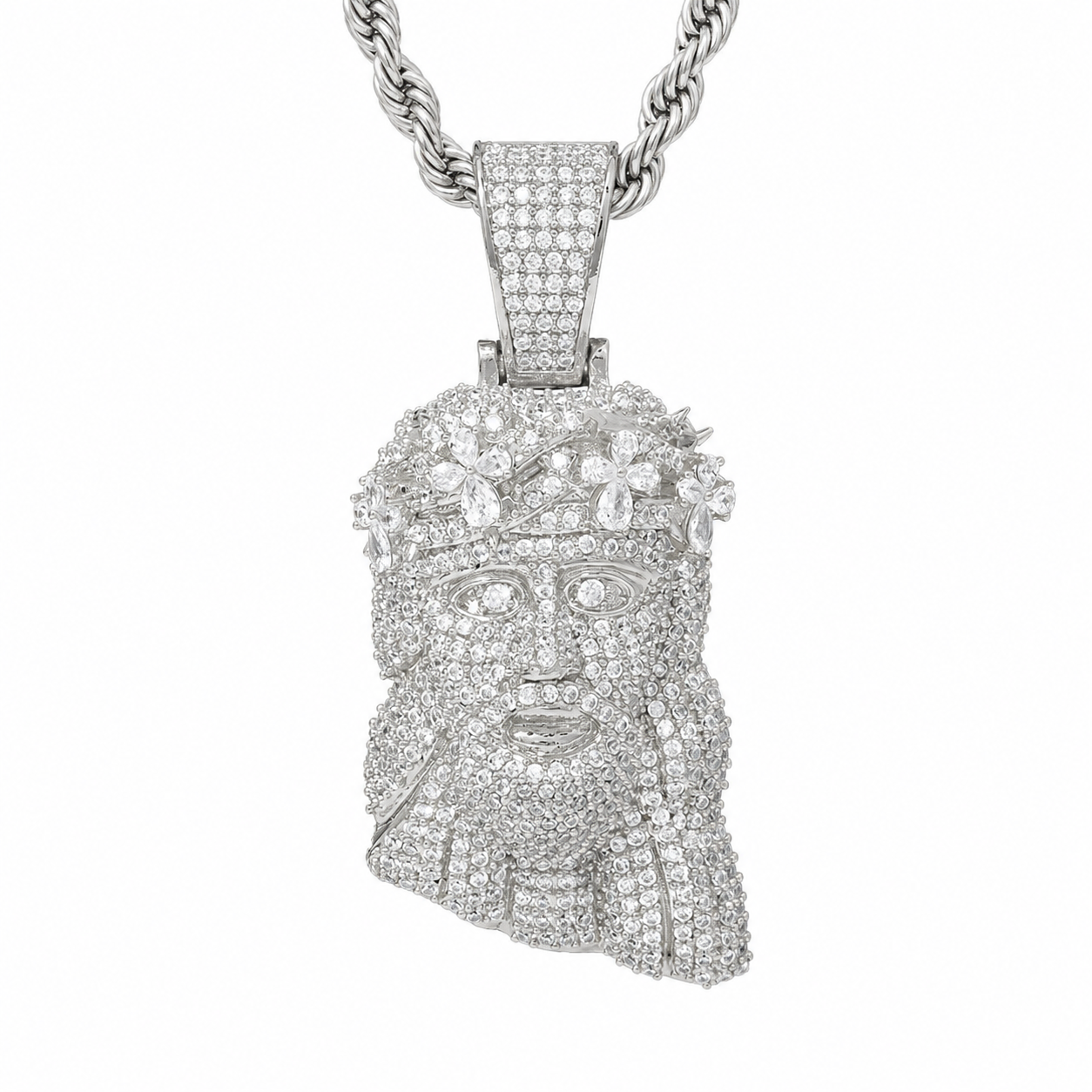 Iced-Out Jesus Face CZ Pendant Necklace with 24" Rope Chain