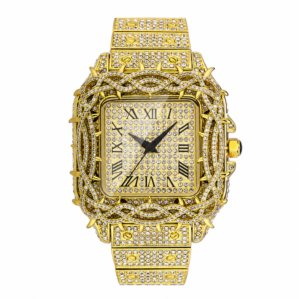 Iced Out Square Rhinestone Watch with Roman numeral Dial