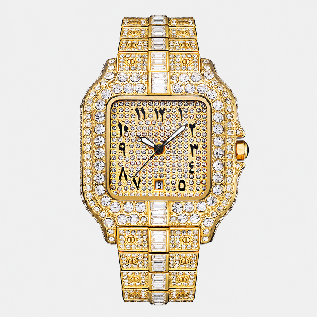 Iced Out Square Rhinestone Watch with Arabic Numeral Dial