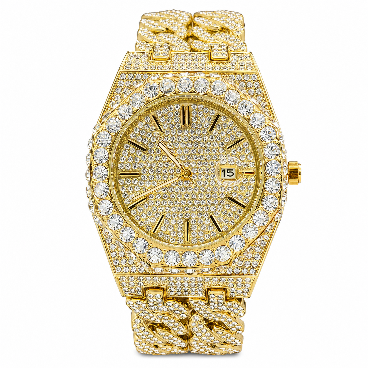 Iced out Round Rhinestone Watch With Chunky Link Bracelet