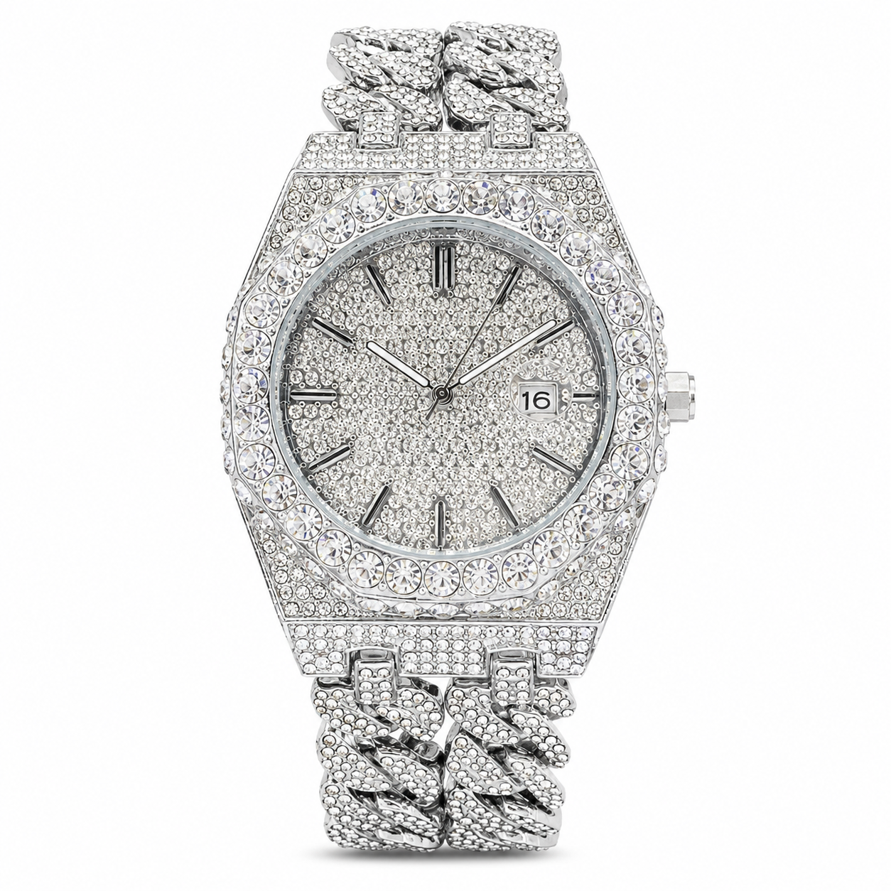 Iced out Round Rhinestone Watch With Chunky Link Bracelet