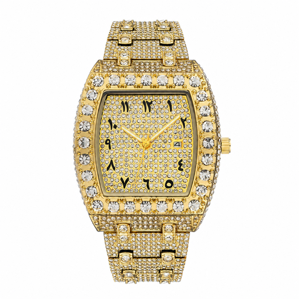 Iced Square Rhinestone Watch with Date Display