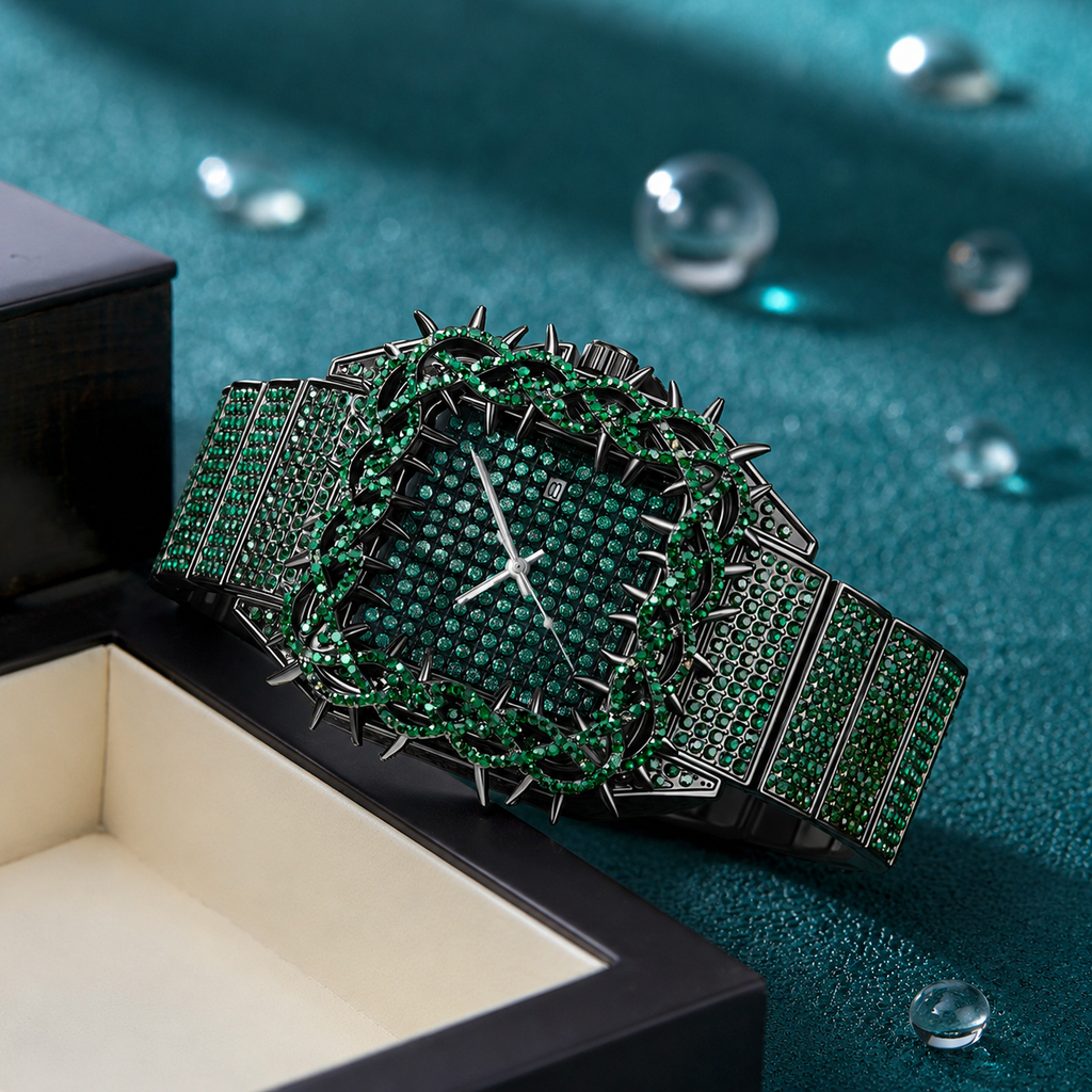 Iced Thorn Bezel Rhinestone Watch with Roman Numeral Dial