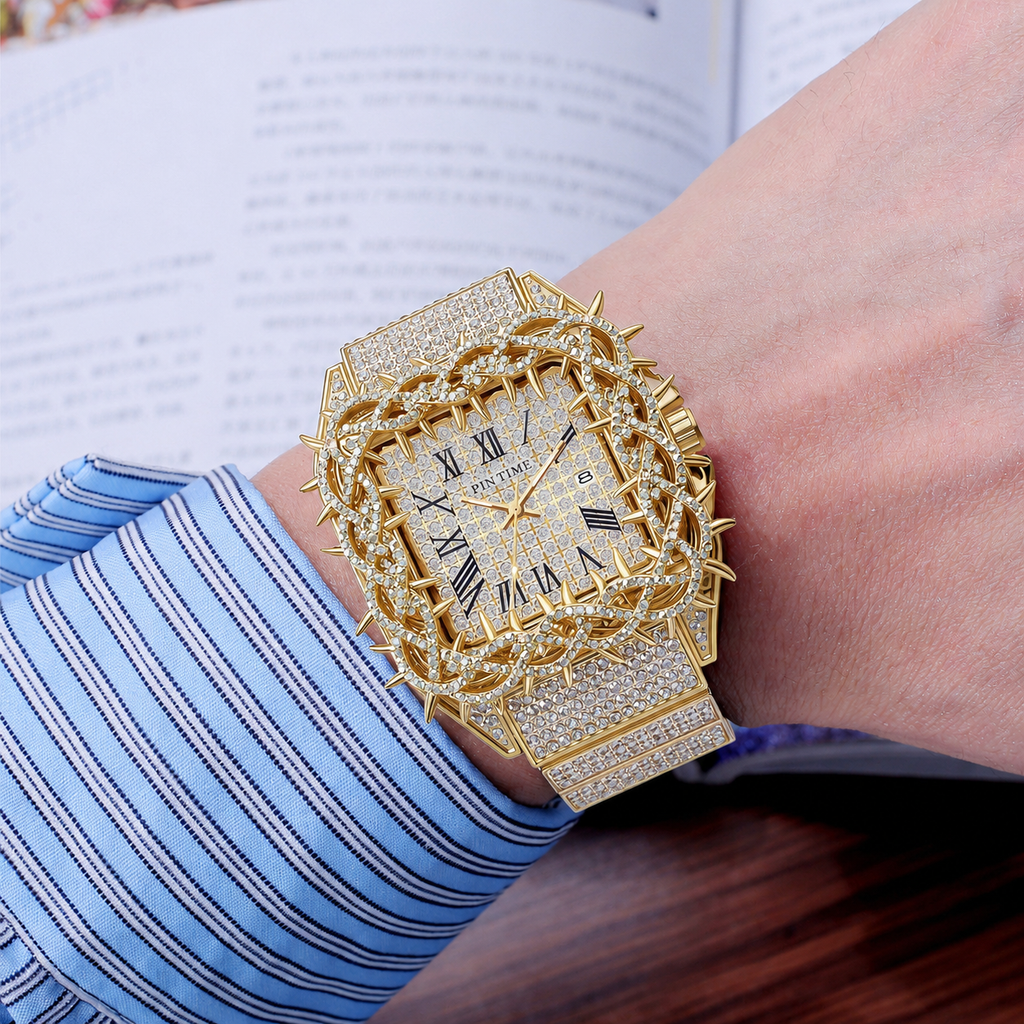Iced Thorn Bezel Rhinestone Watch with Roman Numeral Dial
