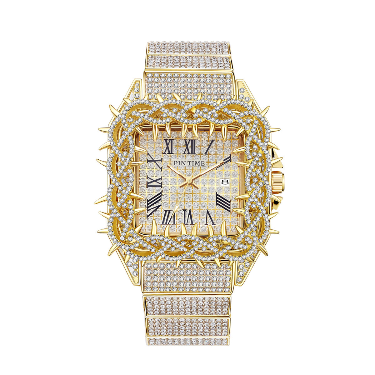Iced Thorn Bezel Rhinestone Watch with Roman Numeral Dial