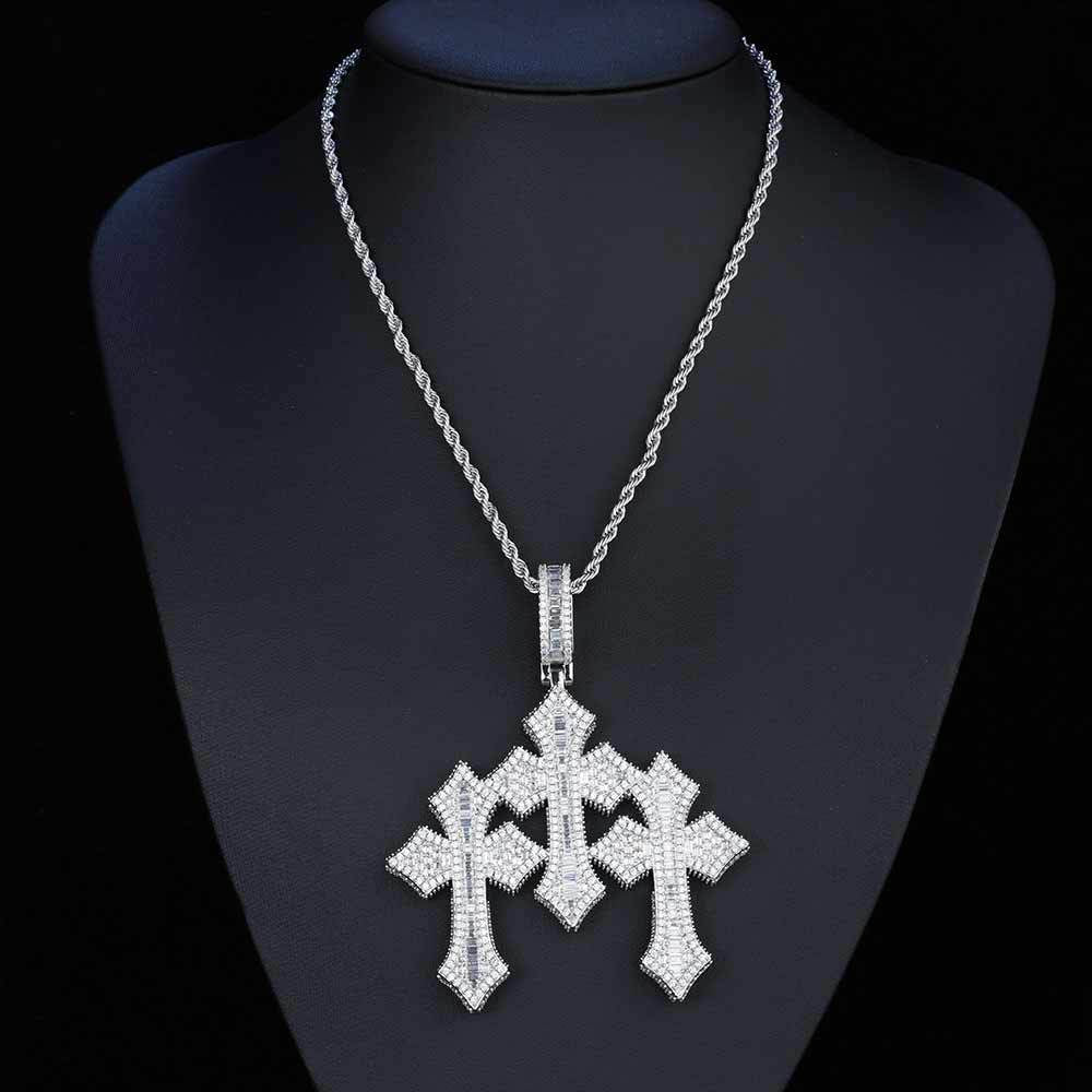 Triple Cross Moissanite Pendant Necklace with 24" Rope Chain