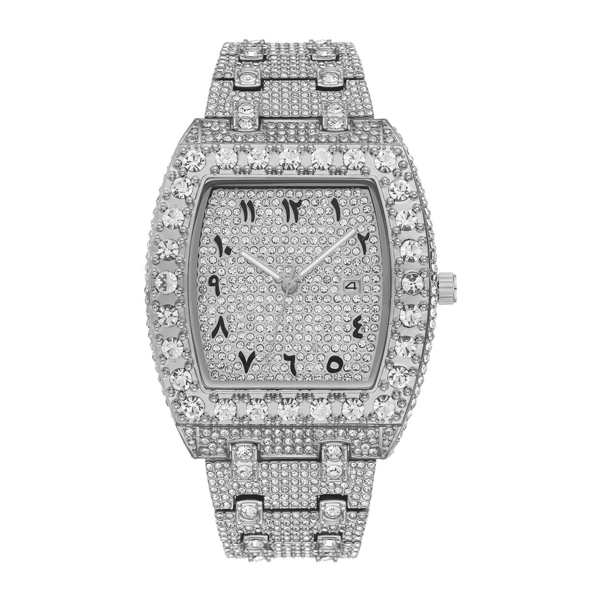 Iced Square Rhinestone Watch with Date Display