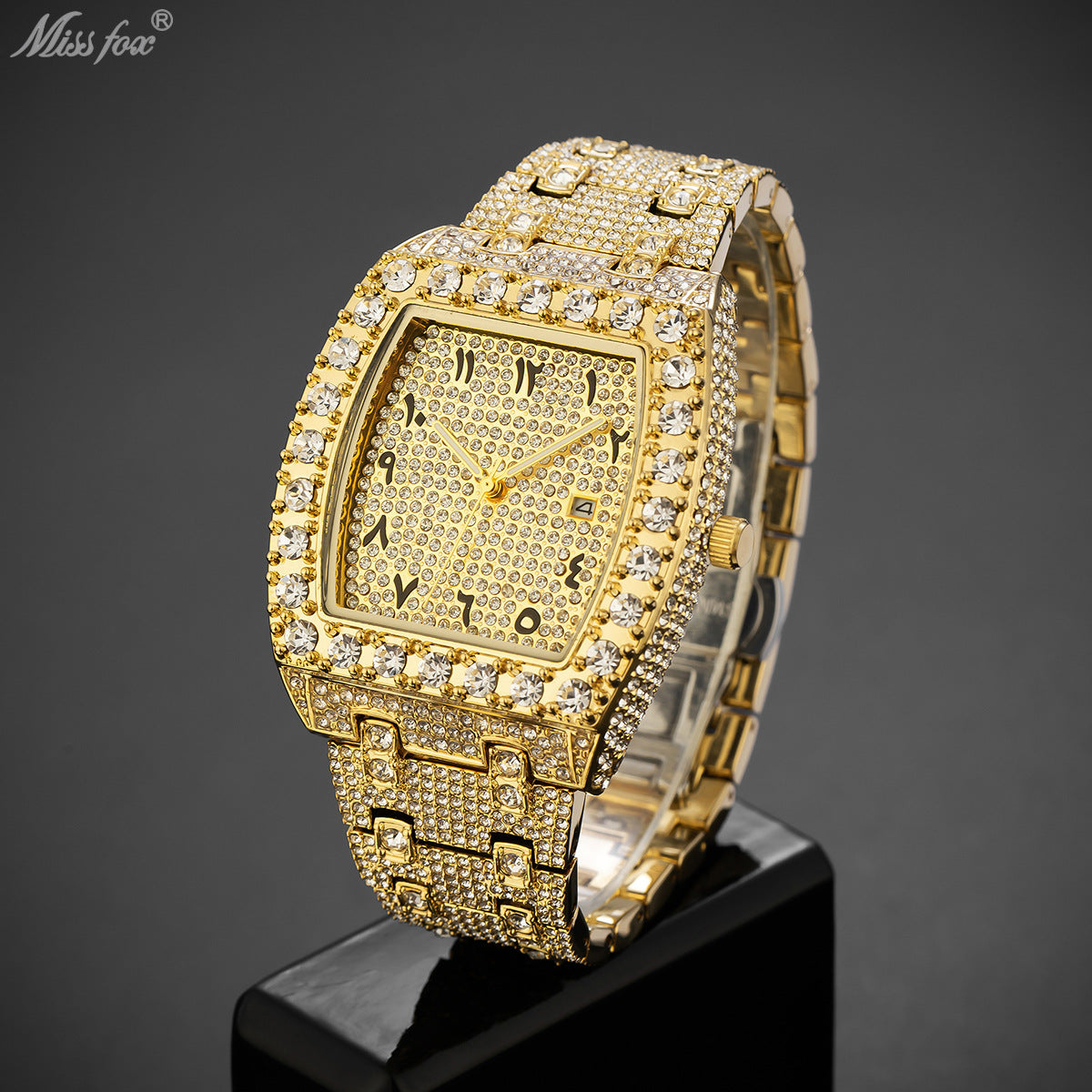 Iced Square Rhinestone Watch with Date Display