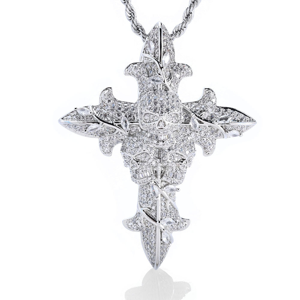 S925 Moissanite Skull Cross Pendant Necklace with 24" Rope Chain