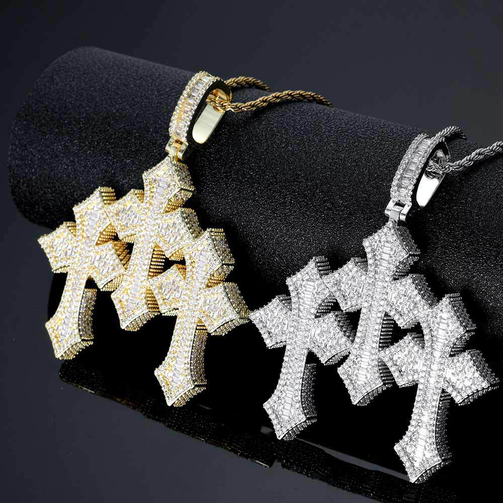 Triple Cross Moissanite Pendant Necklace with 24" Rope Chain