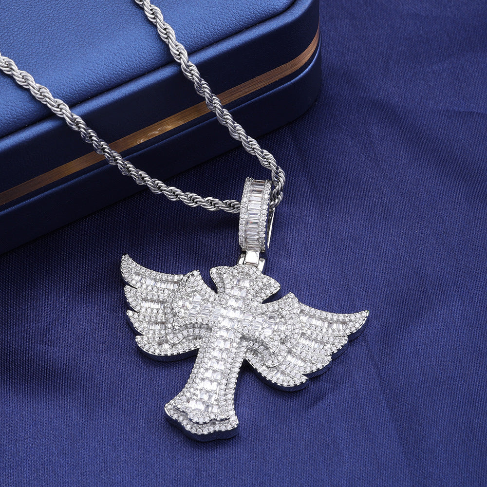 S925 Moissanite Winged Cross Pendant Necklace with 24" Rope Chain
