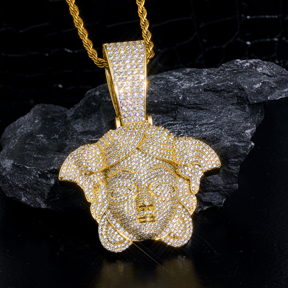 Iced-Out Greek Head CZ Pendant Necklace with 24" Rope Chain
