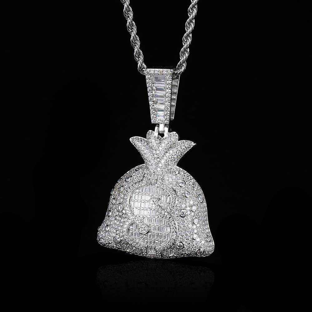 Iced-Out Money Bag CZ Pendant Necklace with 24" Rope Chain