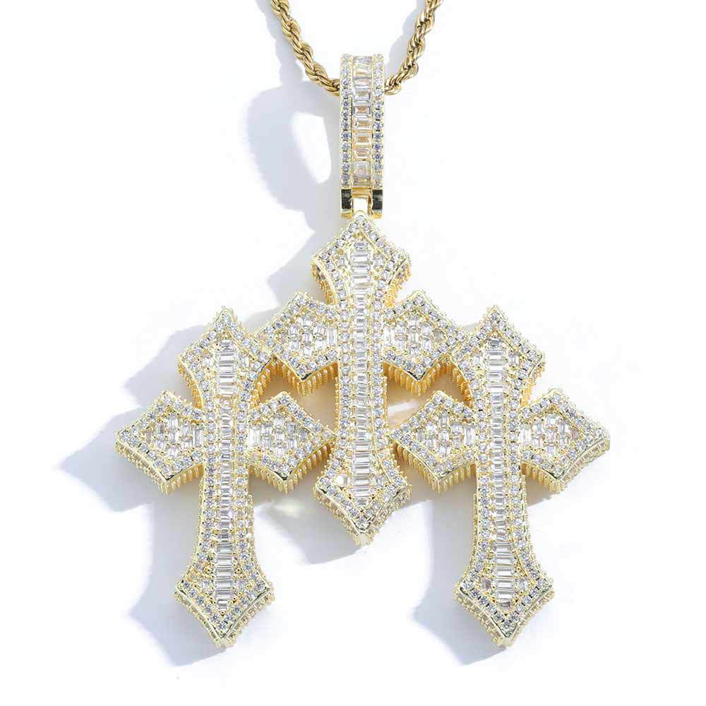 Triple Cross Moissanite Pendant Necklace with 24" Rope Chain