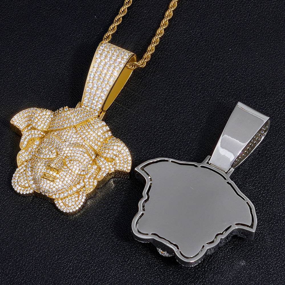 Iced-Out Greek Head CZ Pendant Necklace with 24" Rope Chain