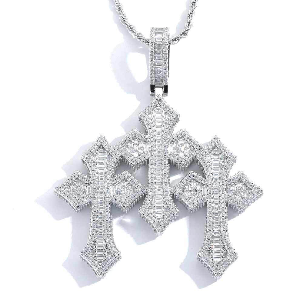 Triple Cross Moissanite Pendant Necklace with 24" Rope Chain