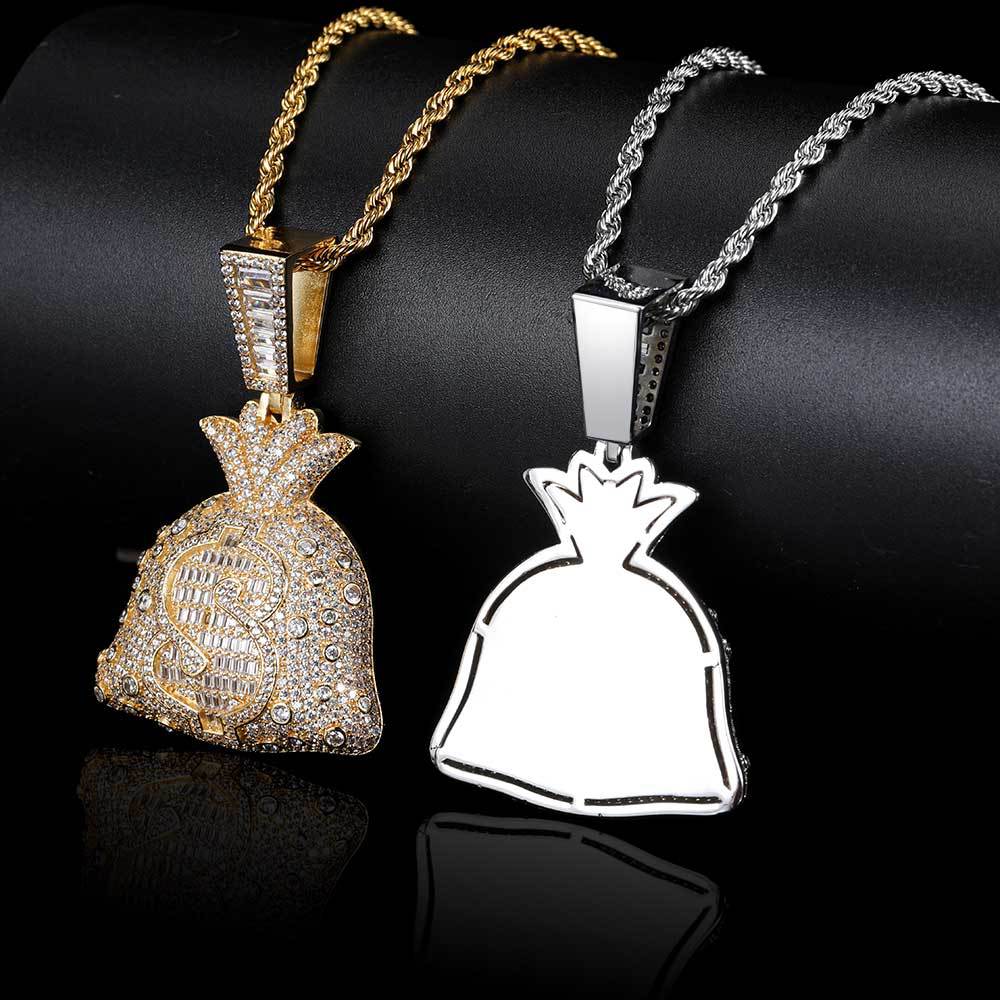 Iced-Out Money Bag CZ Pendant Necklace with 24" Rope Chain