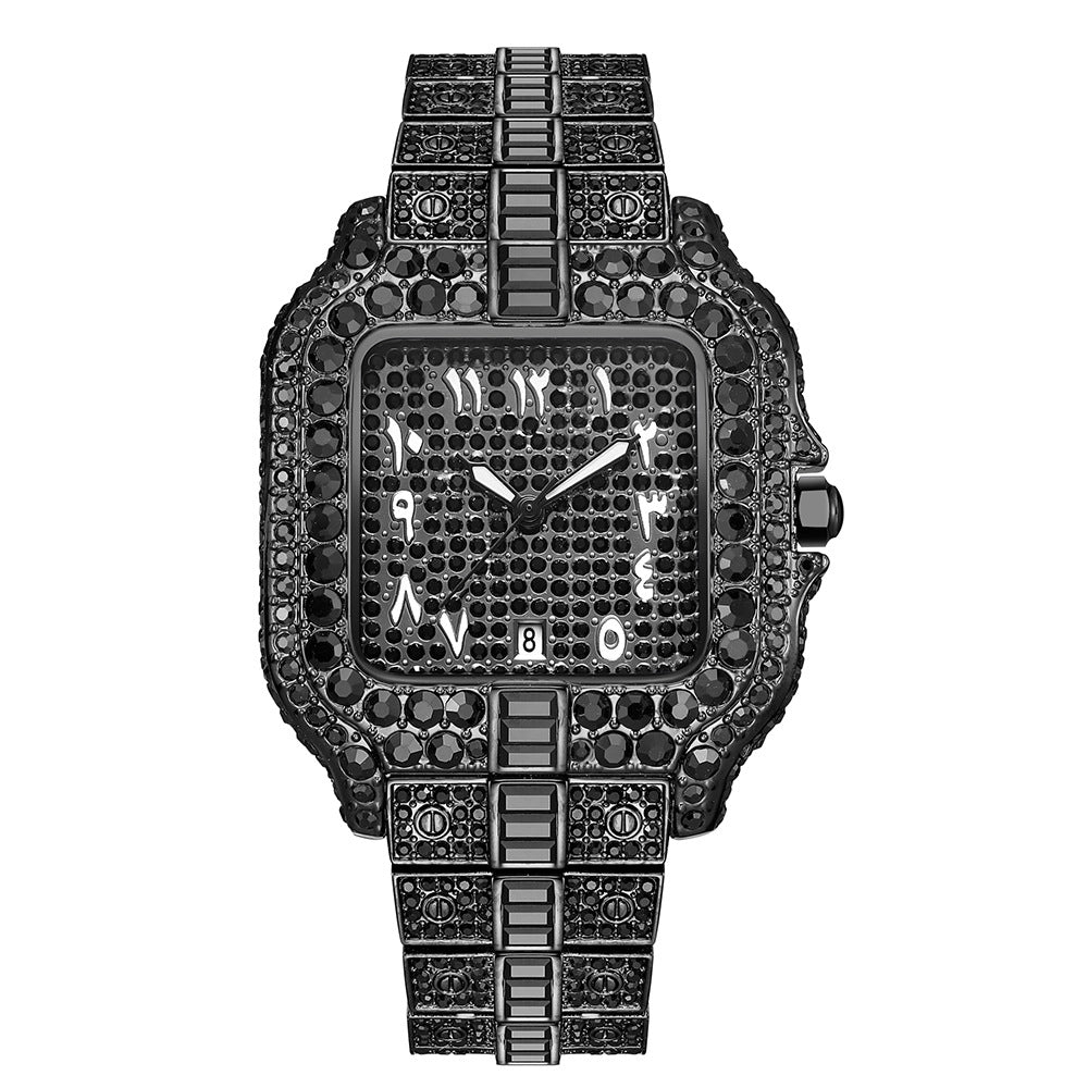Iced Out Square Rhinestone Watch with Arabic Numeral Dial
