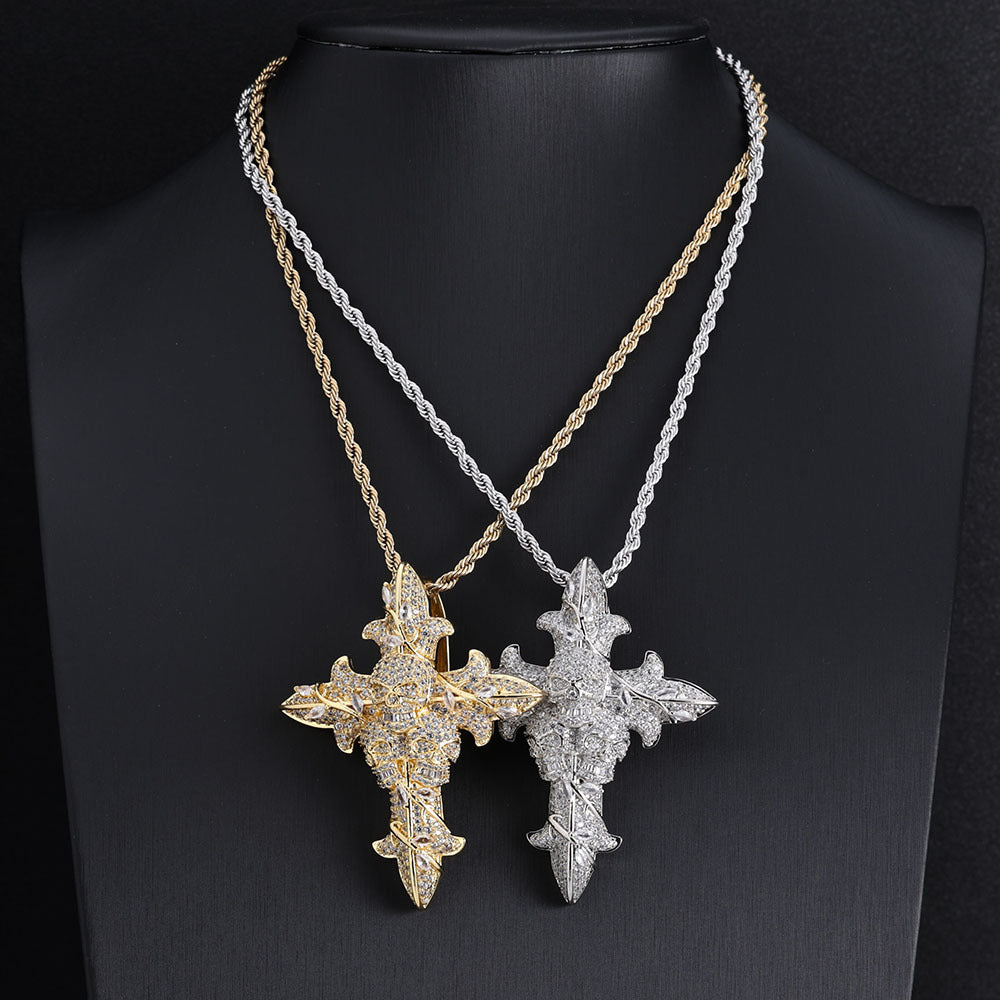 S925 Moissanite Skull Cross Pendant Necklace with 24" Rope Chain