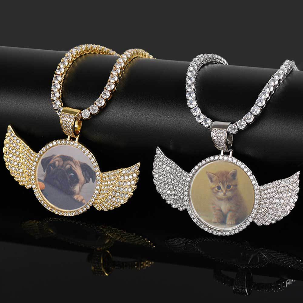 Custom Photo Angel Wing CZ Pendant Necklace with 24" Rope Chain